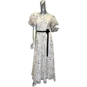 Vintage 1970s Nadine Black White Floral Regencycore Maxi Dress Med/Large